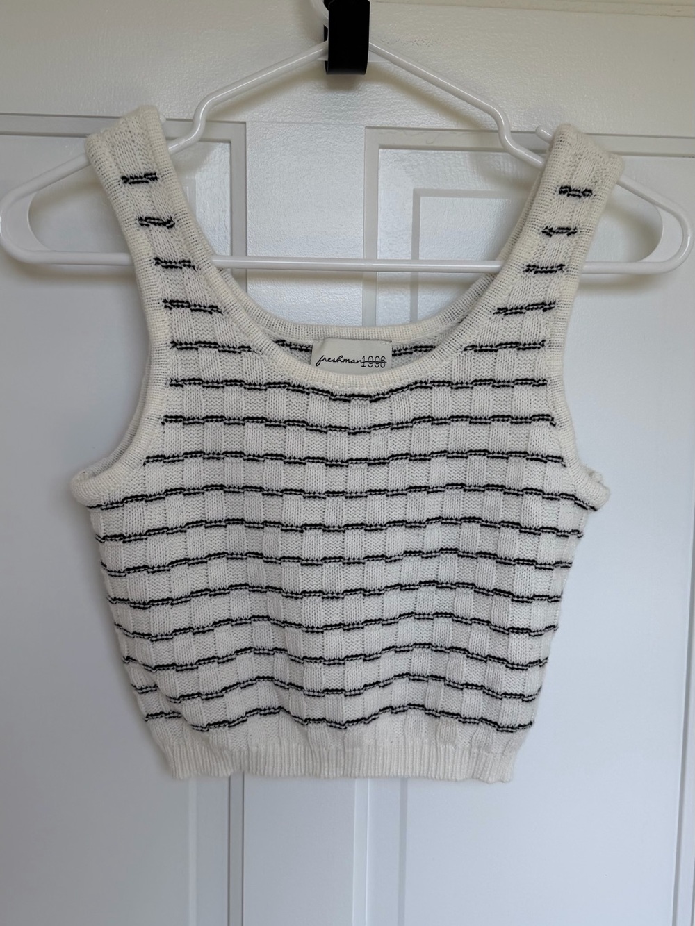 Freshman‎ 1996 Striped Knit Sweater Tank Top XS Cream Black Cropped